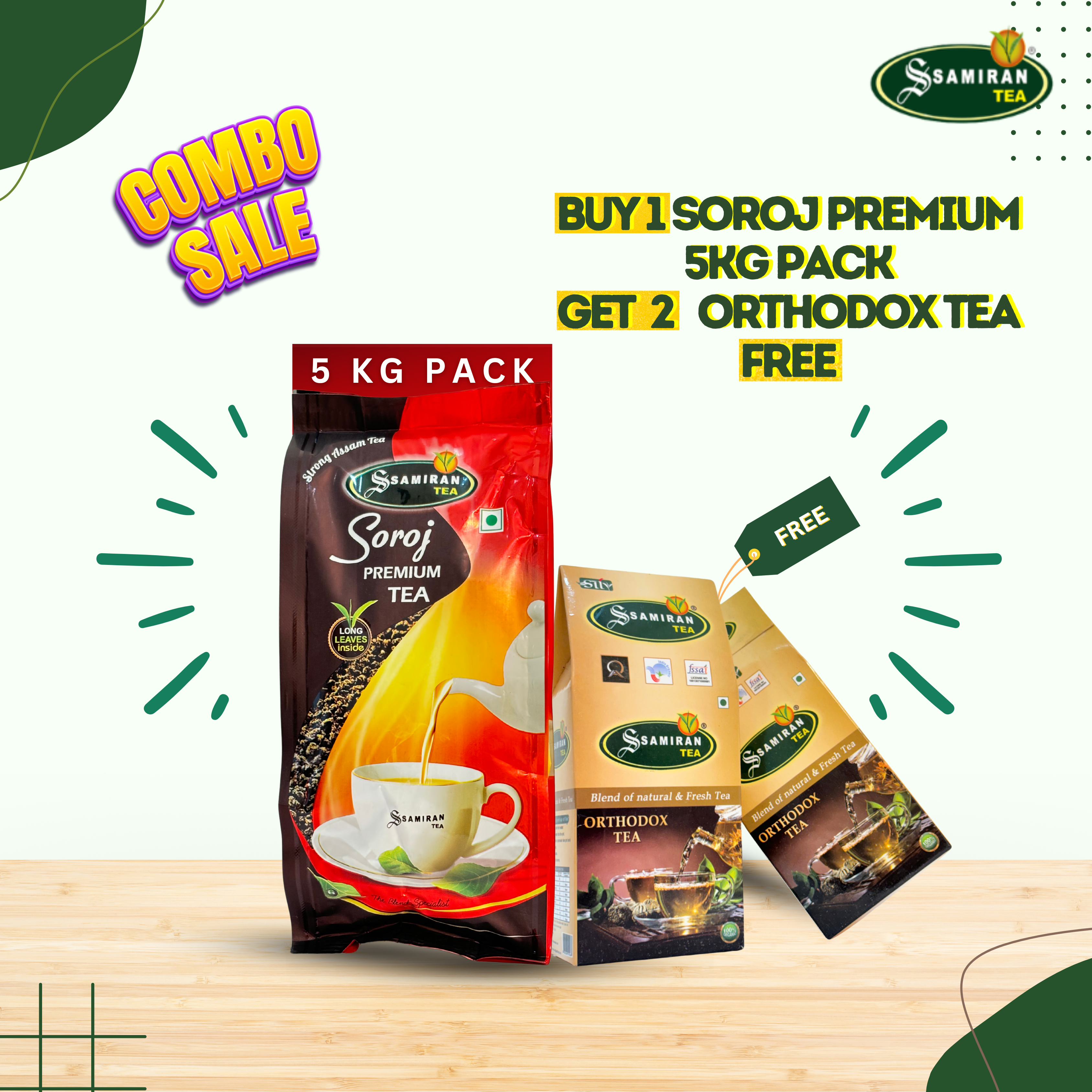 Buy 1 Get 2 for Free- Buy 5Kg Soroj Premium Tea, Get Two 250 Gm Orthodox Tea Packets RS 2400/-